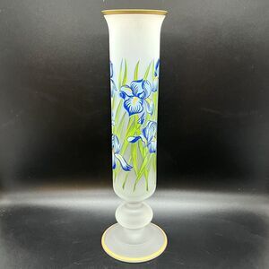 Vintage Frosted Glass Bud Vase 10” W/ Applied Blue Iris Flowers Gold Rim